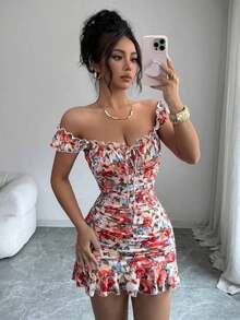 Vestido con estampado floral, volantes y bajo sexy para mujer - Naranja 2 - Ver 3