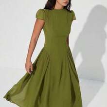 Elegant French Luxury Chiffon Dress, Stand Collar, Puff Sleeves, A-Line Silhouette, Waist Cinched, Flared Hem, Midi Length, Back Zipper Closure, Lining, Classic Solid Color, Casual Versatile, Suitable For Daily Occasions - Verde - Ver 1