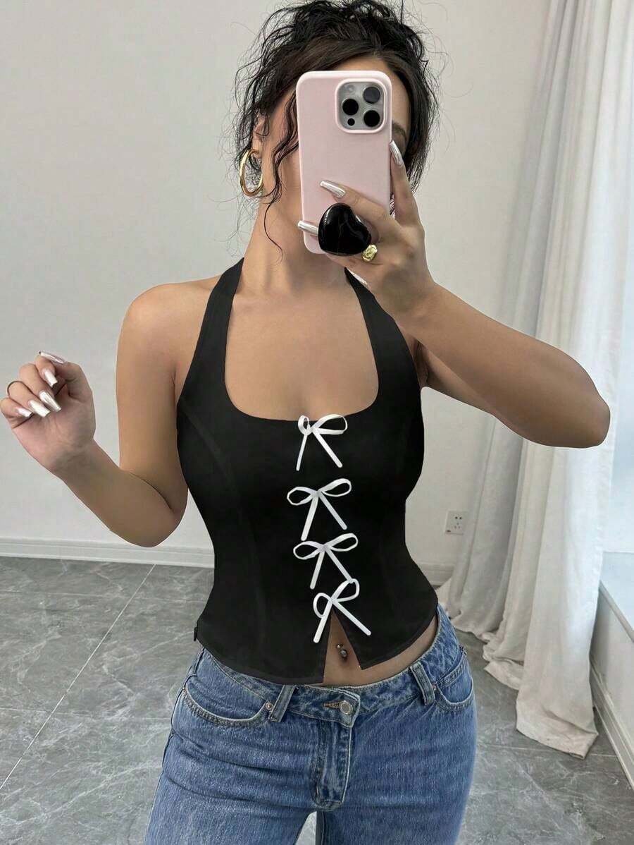 blanca elegante y ajustada con cuello de lazo para volver al colegio - Negro - Ver 1