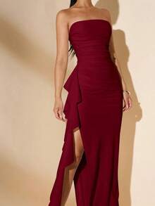 Vestido de dama de honor de boda de verano, vestido largo blanco con pliegues, abertura alta, volantes y tiras para fiesta, sin mangas y sin tirantes, sexy - Burdeos - Ver 3