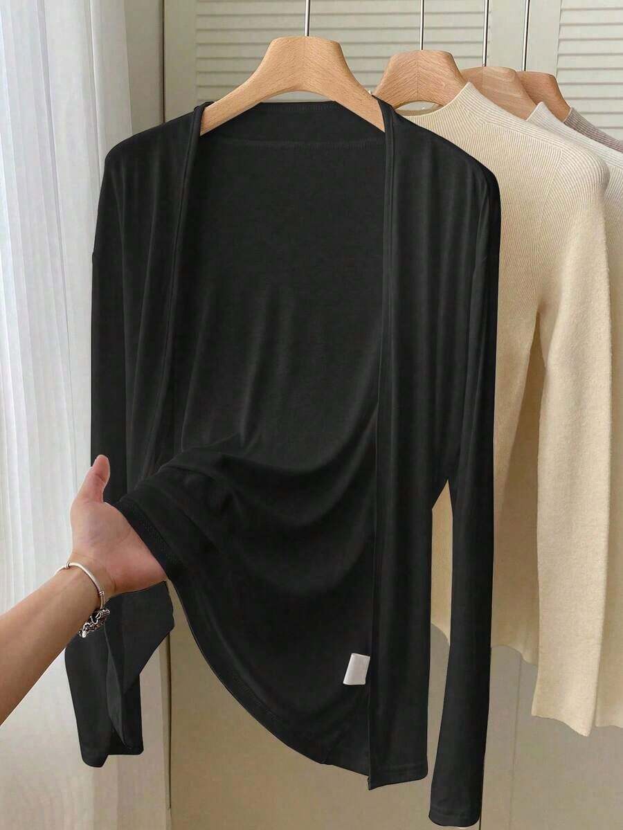 Chaqueta ligera de mujer de unicolor, de manga larga y con abertura frontal casual - Negro - Ver 1