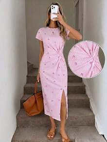 Vestido midi sin mangas con abertura alta, estampado elegante de lazo a rayas rosa, estilo minimalista casual; Vestido de punto de textura casual ajustado para mujer; Conjunto de fitness para mujer; Vestido de invitada de boda para mujer; Atuen - Multicolor 8 - Ver 6