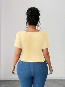 Camiseta de manga corta de cuello asimétrico para mujer talla grande, top ajustado versátil y elegante de alta gama, adecuado para primavera/verano - amarillo ganso - Ver 2