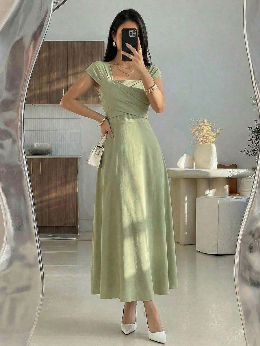 Vestido elegante de manga raglán y cuello cuadrado con detalle cruzado en el busto, de unicolor para mujeres - Verde - Ver 1