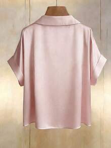 Blusa de satén color champán con escote en V y diseño de botones de perla, de manga corta, elegante para primavera/verano - Rosa - Ver 5