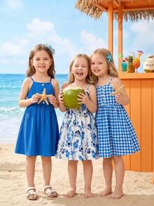 3pcs/Set Girls Floral Print Cami Dress + Solid Color Button Cami Dress + Plaid Print Patchwork Button Decor Cami Dress, Perfect For Summer Daily, Vacation And Party Wear - Multicolor - View 3