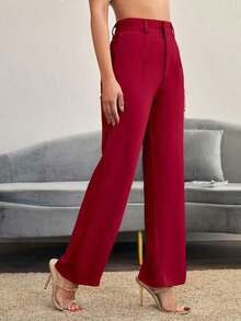 Pantalones rectos casuales lisos para mujer, para uso diario en otoño/invierno - Rojo - Ver 6