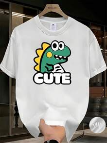 Camiseta de Hombre con Estampado de Dinosaurio Negro y Lindo - Camiseta de Manga Corta de Verano con Dibujos Animados de Dinosaurios Verdes, Transpirable, Casual, de Cuello Redondo con Letras de Estilo Kawaii para Fanáticos del Anime - Blanco - Ver 1