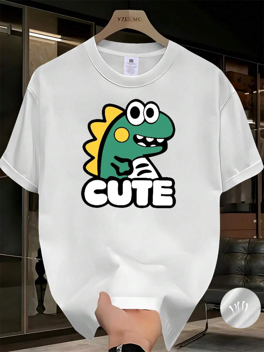 Camiseta de Hombre con Estampado de Dinosaurio Negro y Lindo - Camiseta de Manga Corta de Verano con Dibujos Animados de Dinosaurios Verdes, Transpirable, Casual, de Cuello Redondo con Letras de Estilo Kawaii para Fanáticos del Anime - Blanco - Ver 1