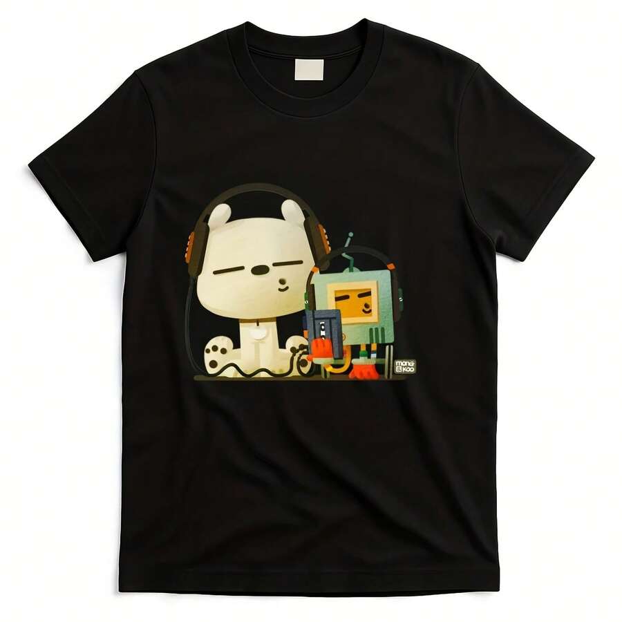 Camiseta negra con estampado de dibujos animados gato blanco gordo y robot cuadrado auriculares naranjas y negros, expresión relajada - forma - Ver 1