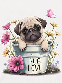 1 pieza de camiseta con estampado divertido de pug y flores, camiseta para amantes de los pugs, 180g 100% algodón - Negro - Ver 10