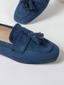 Breezelady Ladies' Elegant Square Flat-Toed Green Suede Tassels And Floral Pendant Loafers Are Suitable For Spring, Summer, Autumn And Winter - Blue - View 6