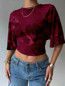 Blusa de verano para mujer con diseño de manga murciélago, cuello redondo, fruncido y estampado floral de tinte de agua en tonos cálidos, ideal para playa/vacaciones, un look casual, minimalista y elegante - Burdeos - Ver 1