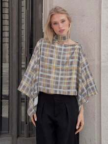 Poncho de mujer con cuello redondo y mangas de murciélago a cuadros, elegante ropa de primavera para damas - Niebla azul - Ver 5