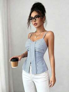 Nuevo diseño de verano/primavera de moda casual vintage estilo americano, camisa de lino azul difuminado con pliegues, abertura y cintura ceñida, vestido línea A para uso diario y vacaciones, diseño único y encantador para mujeres - Azul y blanco - Ver 3