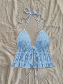 Nuevo top sin espalda con tirantes ajustables y textura, para primavera, verano, Pascua, festivales de música electrónica, estilo occidental para mujer, bohemio, vaquera, modesto, estilo fairy core, vacaciones tropicales, despedida de soltera, - Azul - Ver 3