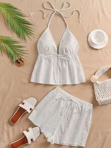 Conjunto de 2 piezas con top de cuello halter con volantes y shorts de unicolor - Blanco - Ver 6