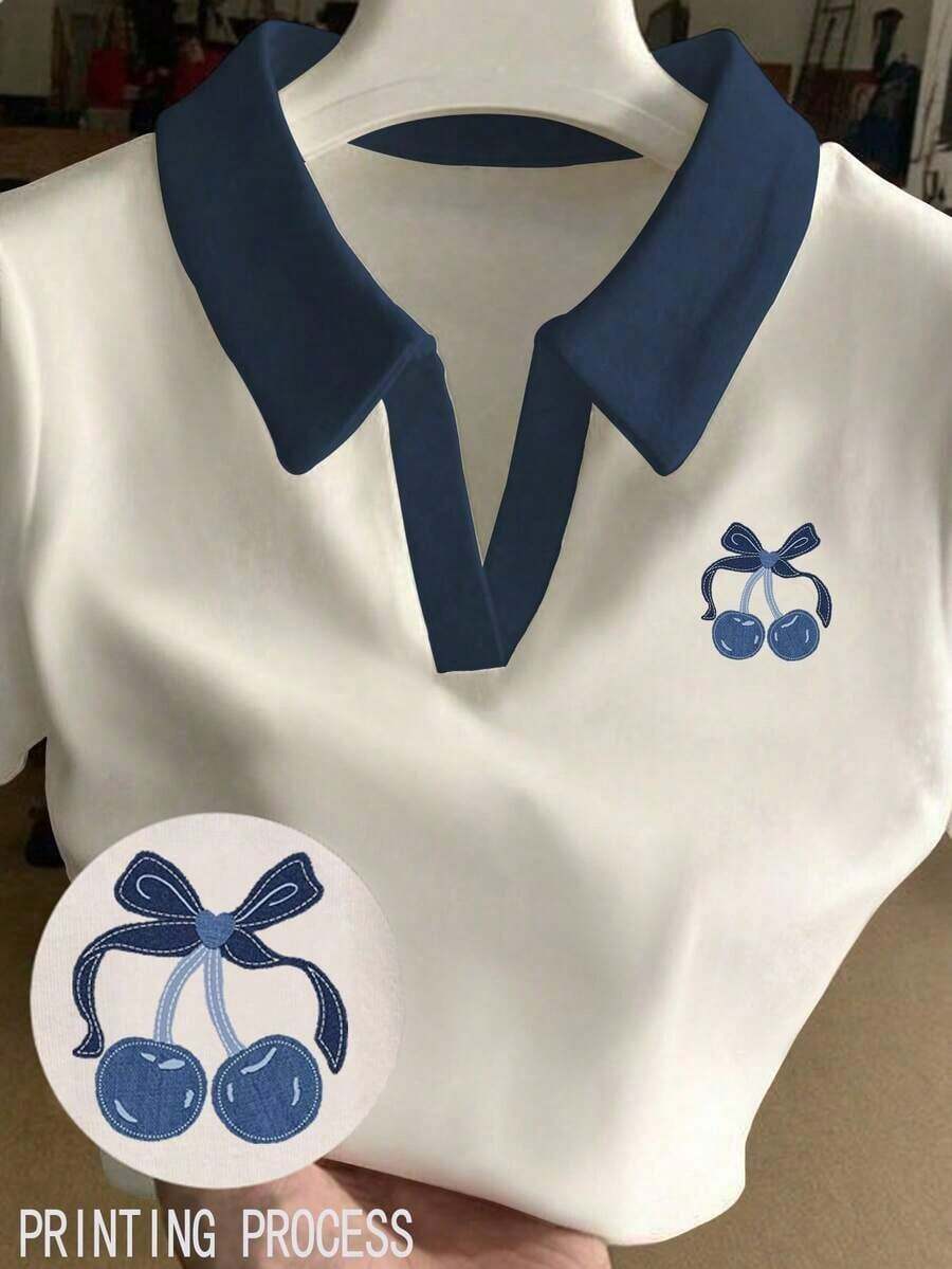 Blusa casual de mujer con estampado de cerezas y cuello de contraste de manga corta - Multicolor 4 - Ver 1