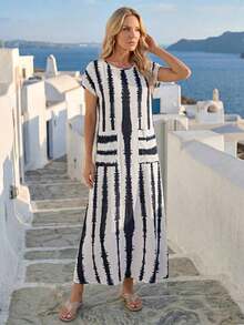 Vestido casual de mujer con estampado floral y manga corta, ideal para vacaciones de verano - Multicolor 2 - Ver 6