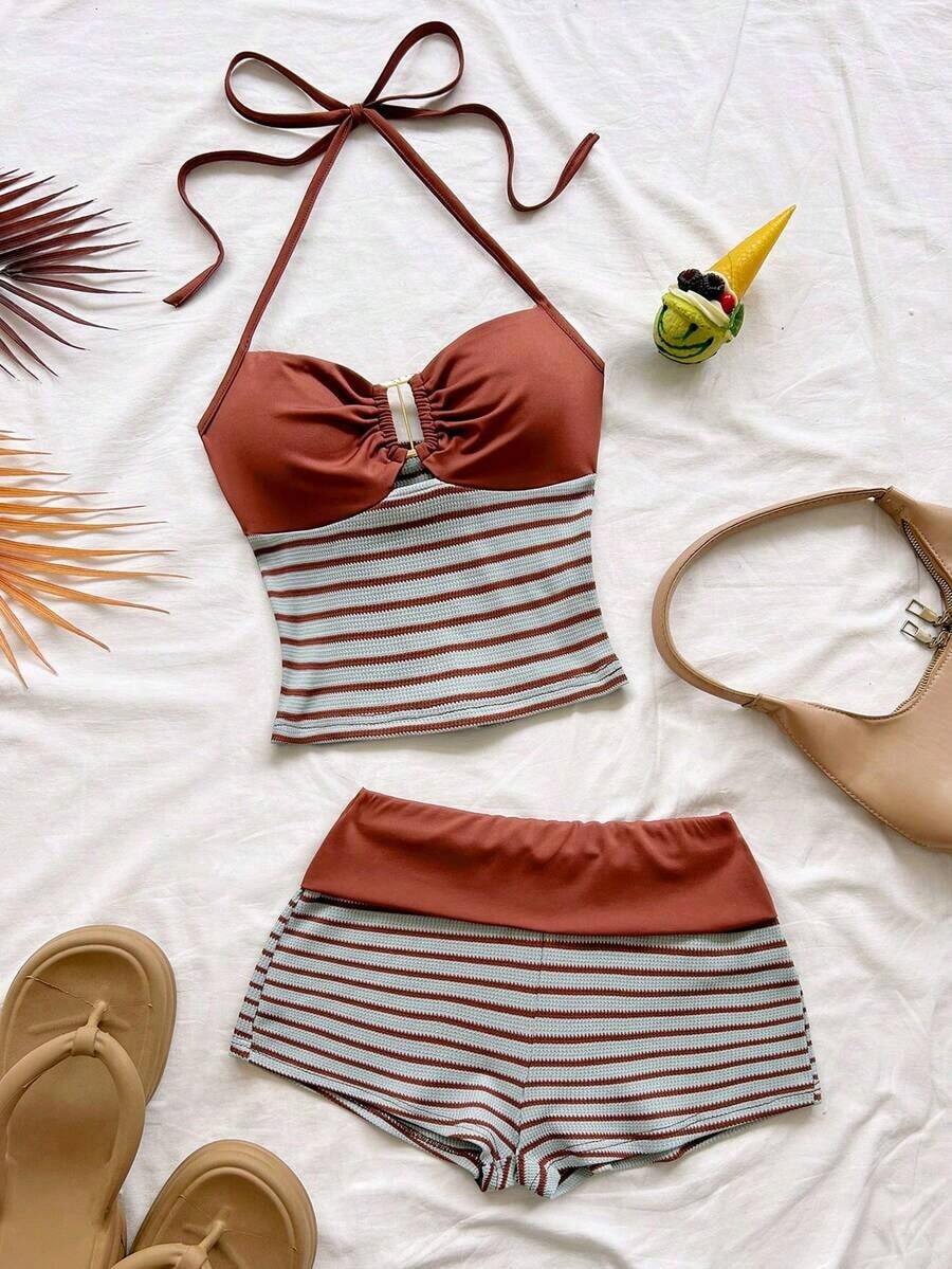 2 piezas Conjunto de camiseta de tirantes y pantalones cortos de punto a rayas con hebilla de metal, estilo casual de vacaciones, adecuado para fiesta, San Valentín, cita, discoteca, bohemio, vacaciones, otoño, ropa de mujer, vintage, días fest - Multicolor 2 - Ver 1