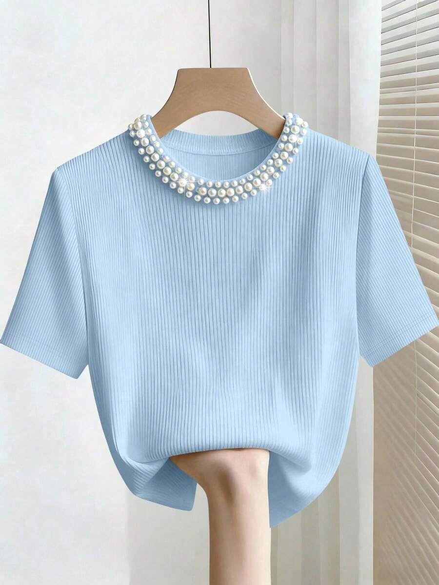 Camiseta de manga corta con cuello redondo ajustado, con cuentas y acanalada, elegante para mujeres - Azul - Ver 1