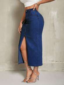 Minifalda de mezclilla ajustada y sexy con bolsillo diagonal y abertura alta en un solo color para mujer - Azul lavado oscuro - Ver 4