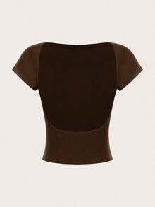 Camiseta casual de mujer de cuello de pico, manga corta y ajustada, versátil - Marrón - Ver 2