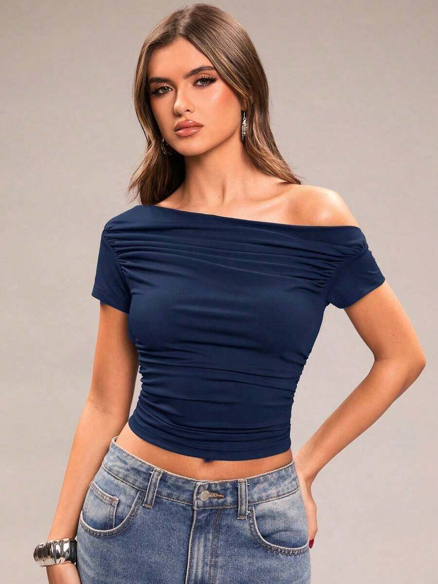corta de manga corta asimétrica con hombros fruncidos de unicolor, ajustada, para vacaciones, primavera/verano - Azul marino - Ver 1
