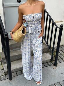 Unity Conjunto de 2 piezas de top bandeau vintage con estampado y amarre + pantalones de pierna ancha para vacaciones - Azul y blanco - Ver 5