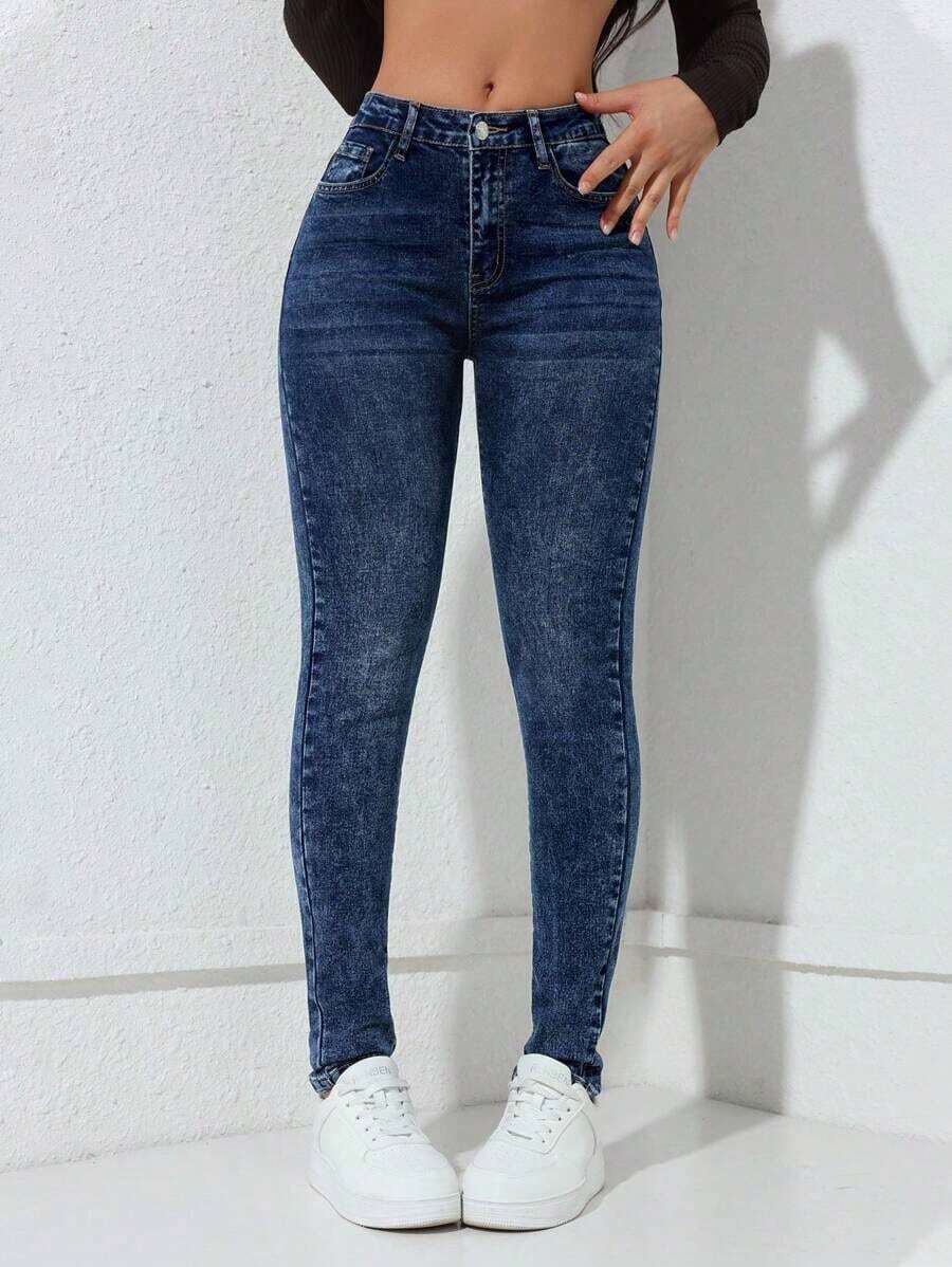 Jeans vaqueros de mujer ceñidos con bolsillos, informales y versátiles - Azul lavado oscuro - Ver 1