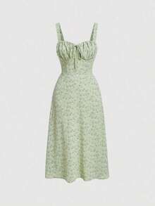MOD Vestido de tirantes con estampado floral con cordón delantero - Verde pastel - Ver 1