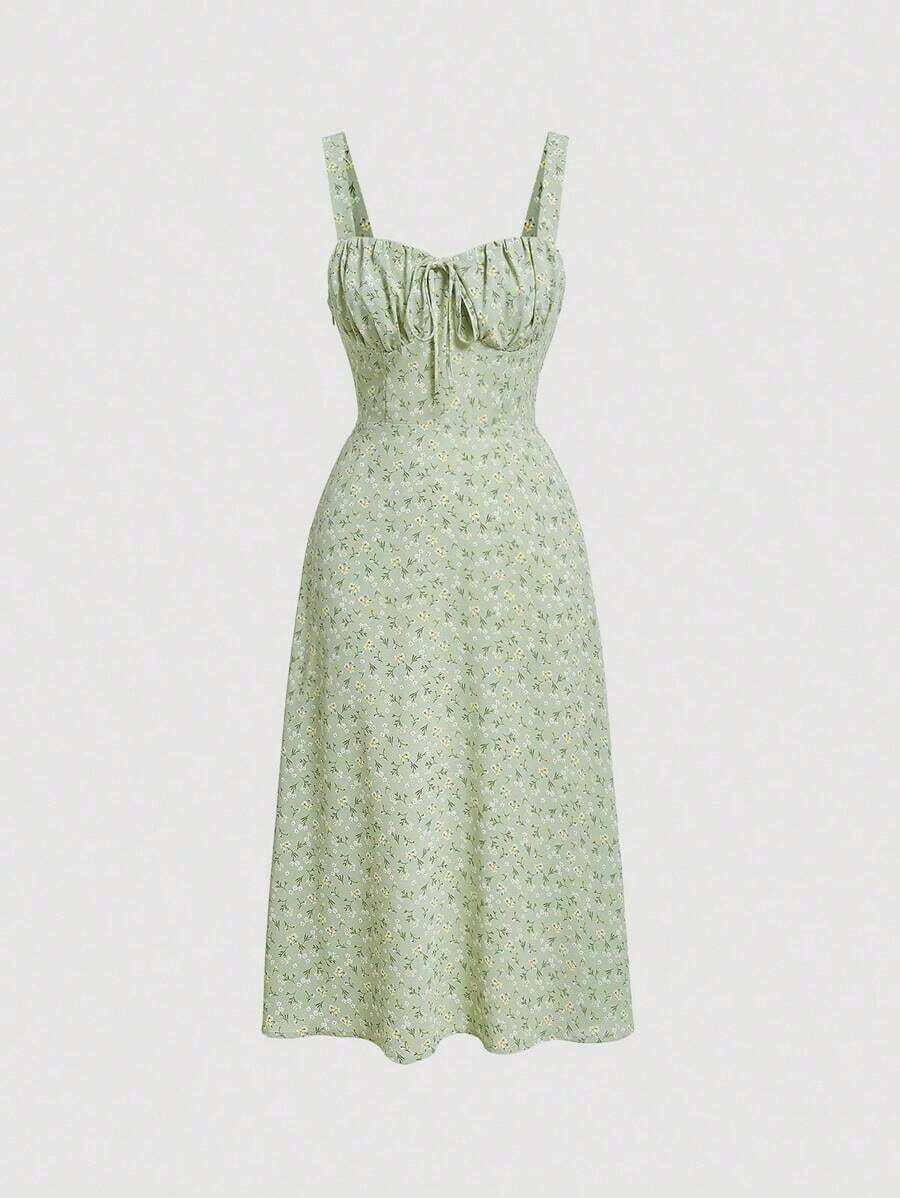 MOD Vestido de tirantes con estampado floral con cordón delantero - Verde pastel - Ver 1