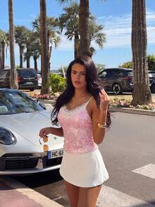 Cute, Romantic & Sexy Sequin Lace Patchwork Camisole, Suitable For Beach, Evening Date - Light Apricot Color - View 6