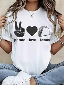 Camiseta gr£fica "Peace Love Tacos" con estampado de mano en seal de corazn y taco, camiseta casual y cmodara uso diario y actividades de ocio - Blanco - Ver 2