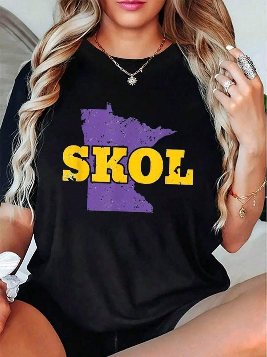 Stylish Women's Short-Sleeved T-Shirt With Cartoon Letter Print, Fashionable, Sporty, Casual And Easy To Wear, Comfortable Summer T-Shirt For Vacation. Suitable For Spring, Summer And Autumn. - 黑色 - 查看 1