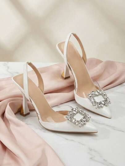 Sandalias de Tacón Alto para Mujer, con Detalle de Cristales, Punta Afilada y Correa Trasera, Elegantes para Fiestas