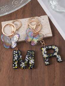 1pc A-Z Black Glitter Letter & Butterfly Keychain, Initial Resin Keyring, Holographic Butterfly Bag Charm, Car Key Accessory, Fashion Aesthetic Gift For Girls - Black - View 5