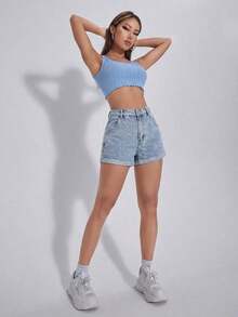 Shorts en mezclilla bajo de doblez - Lavado ligero - Ver 3