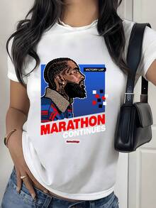 Figura pixelada de perfil con fondo azul y mensaje motivador Marathon Continues simboliza la perseverancia y la fuerza interior camiseta de mujer casual moderna cómoda para uso diario - Blanco - Ver 8