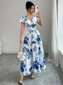 Nuevo vestido elegante y ajustado con capucha, diseño de cordón en la cintura y estampado tejido, estilo de vacaciones para mujeres - Multicolor - Ver 5