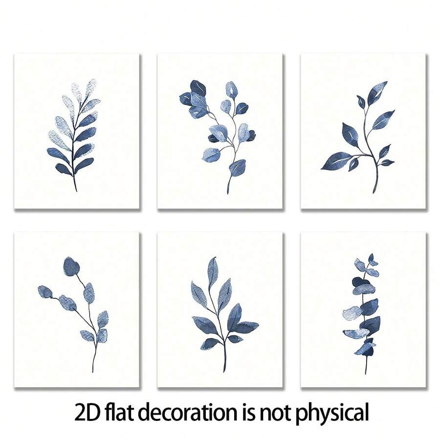 6件組 8*10英吋海軍藍植物壁飾套組,極簡抽象植物水彩藍白葉片壁飾,波希米亞花卉植物壁飾,適用於浴室、臥室、客廳 - 無框,紙質 - A - 查看 1