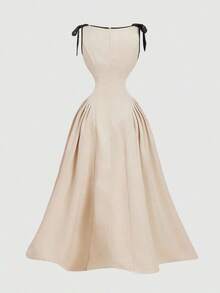 Vestido color albaricoque con cuello redondo, sin mangas, con ribete de contraste, lazo decorativo en la cintura y bajo acampanado - Caqui 2 - Ver 4