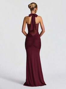 Vestido con tirantes finos, espalda descubierta, cintura ceñida y abertura alta, vestido de fiesta de vacaciones con parches de malla para boda - Rojo violeta - Ver 2