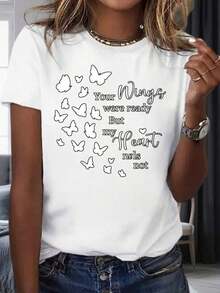 1 pieza: "Tus alas estaban listas, pero mi corazón no". Camiseta con diseño de mariposa para mujer, top casual de moda, ropa para fiestas y vacaciones, 220mg, 100% algodón.ropa de calor mujer - Blanco - Ver 7