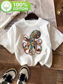 Women's Summer T-Shirt, Vintage Casual Style With Octopus Floral Print, Short Sleeve, Round Neck, Oversized Clothing For Women, Suitable For Summer And Spring, Unisex Graphic Short Sleeve T-Shirt, Casual Round Neck T-Shirt. - 白色 - 查看 7