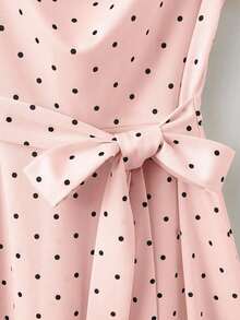 Vestido corto de manga corta de estilo minimalista y romántico para uso diario y casual, con cuello con volantes, lazo en la cintura y estampado de lunares al estilo francés, para primavera/verano - Rosa - Ver 5