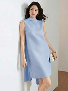 Vestido elegante de oficina con cuello drapeado para mujer - Azul - Ver 2