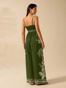 Mono largo sin mangas de mujer con estampado de árbol de plátano y árbol de coco, estilo bohemio, para vacaciones, casual, playa, verano - Verde - Ver 2