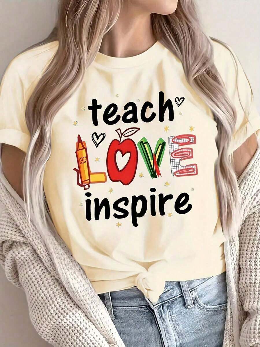 Letter Print T-Shirt, Short Sleeve, Round Neck, Casual Style For Summer And Spring, Women's Clothing, Women's Casual Short Sleeve Graphic Print T-Shirt, Gift For Mother's Day Or Easter - 杏色 - 查看 1