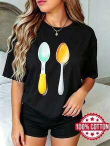 Camiseta negra de manga corta con cuello redondo y estampado para mujer de verano Cuchara Cucharatrón Impresión Diseño S-3XL moda 100% aodón material - Negro - Ver 2